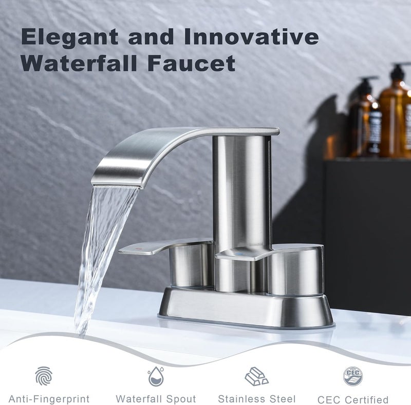 Ultimate Unicorn Waterfall Bathroom Sink Faucet Brushed Nickel, Two Handles Bathroom Faucet with Metal Pop up Sink Drain Stopper, Two Or 3 Holes Bathroom Basin Mixer Tap, Patent No. : US D983,326 S - Image 4